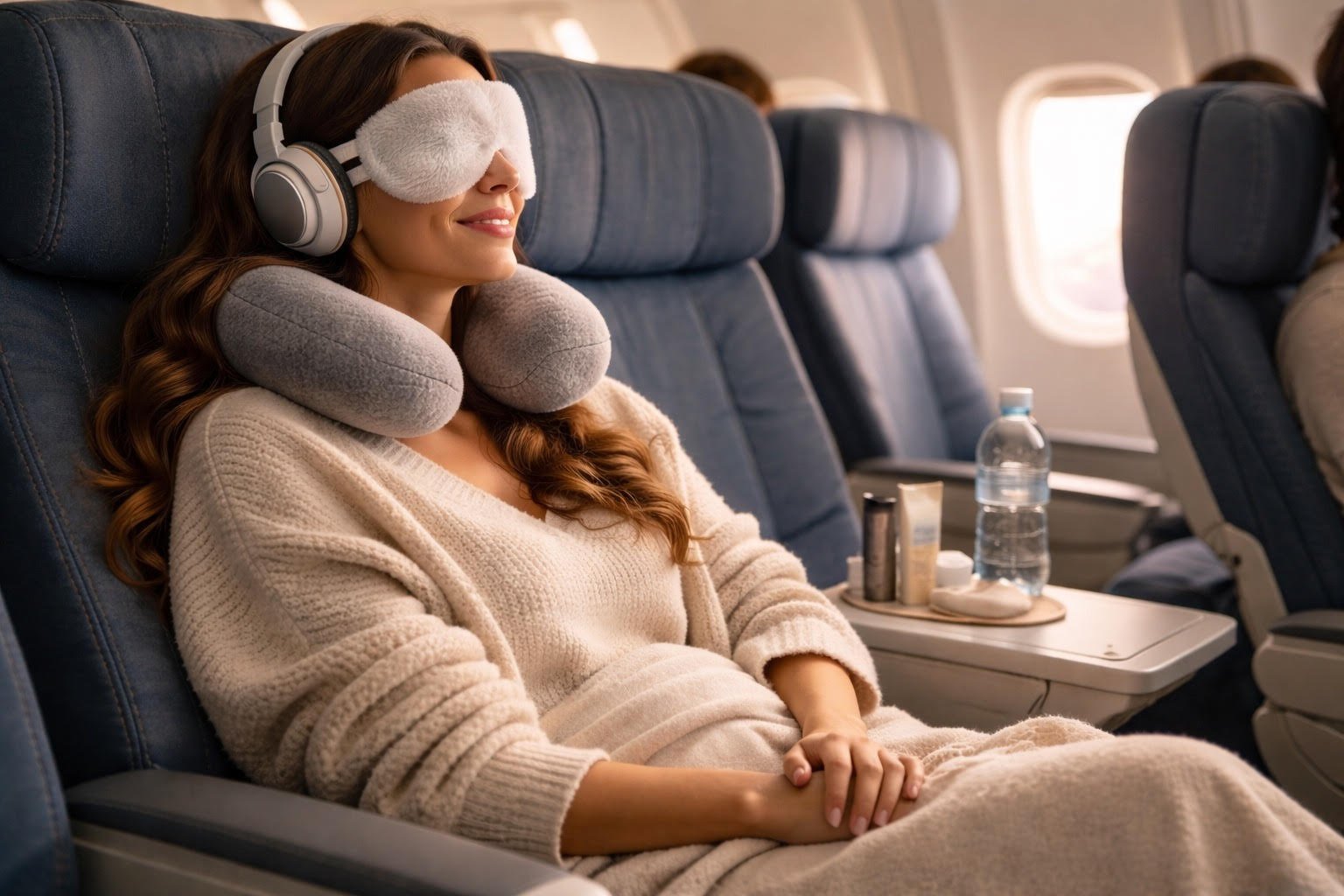 Passenger relaxing by airplane window during long-haul flight