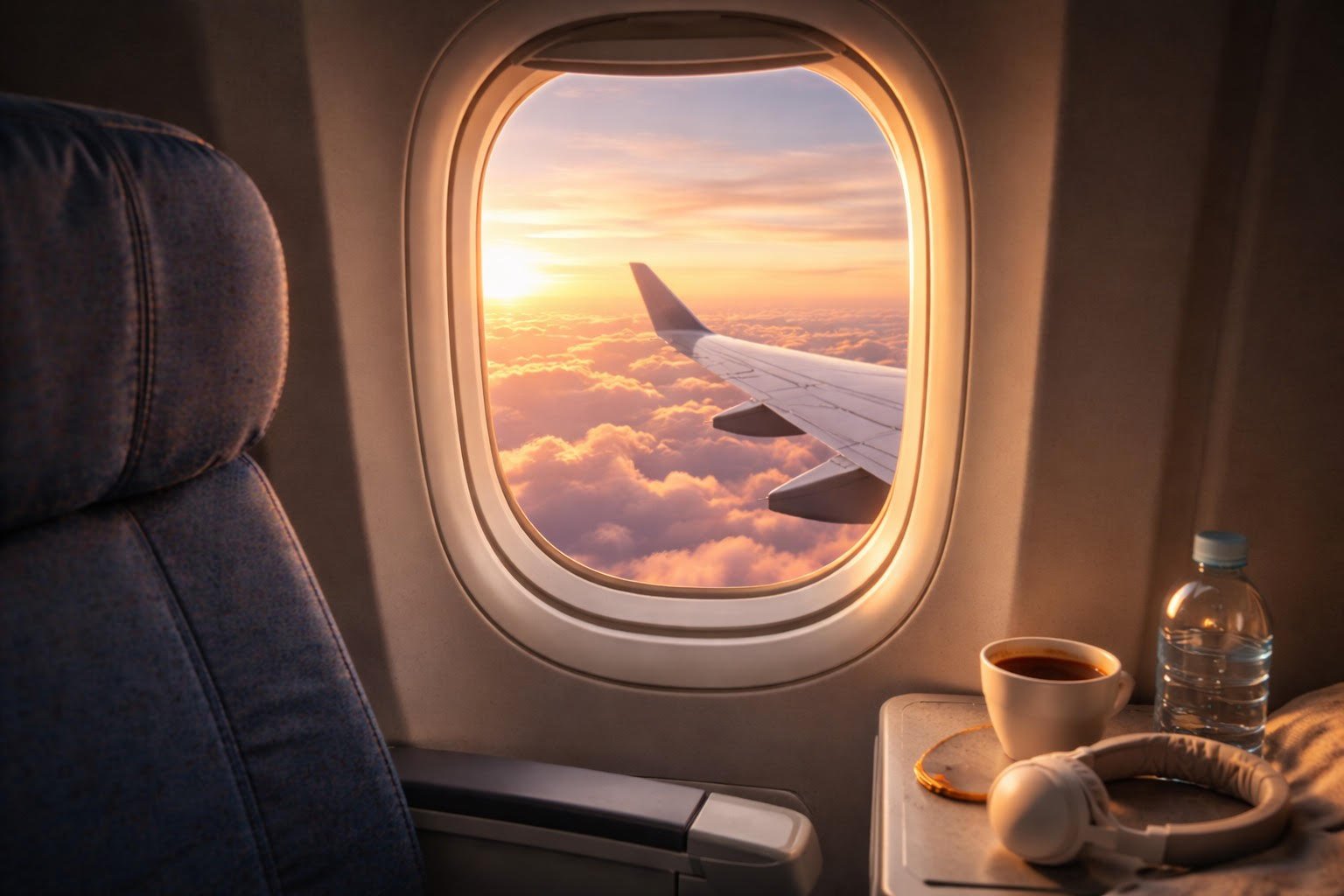 View from airplane window during sunset flight